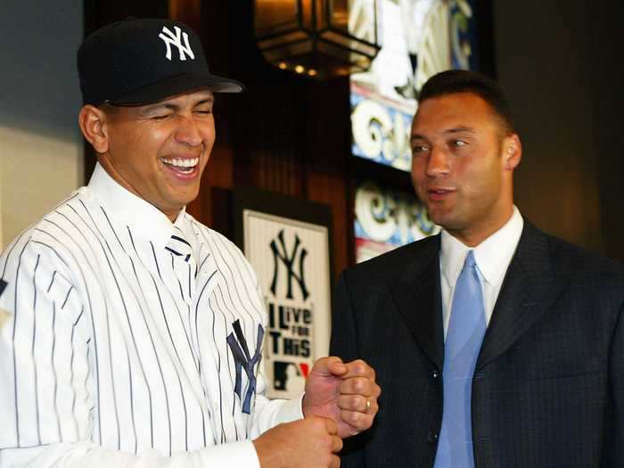 February 2004: Rodriguez gets traded to the Yankees, and the two become teammates.