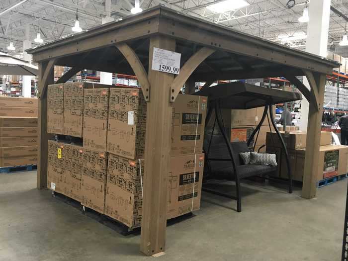 This massive cedar gazebo features an aluminum roof.