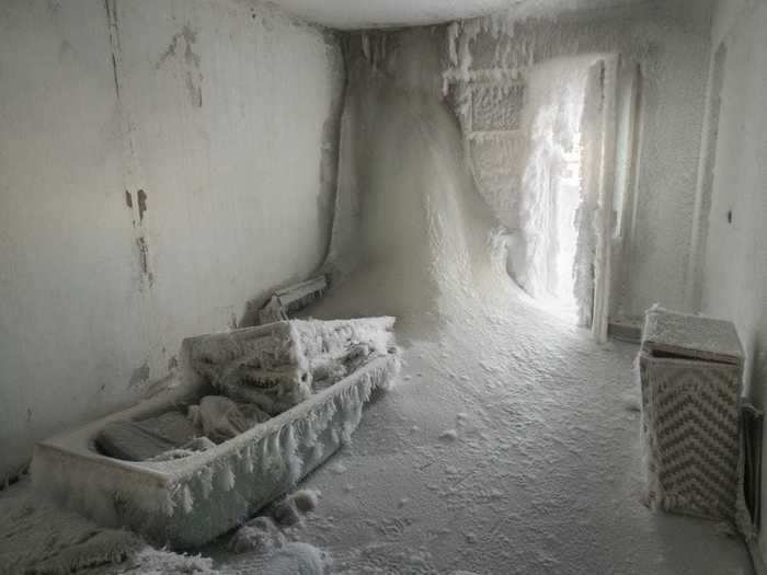 In some buildings, the water pipes burst, which created walls, floors, and stairwells full of ice.