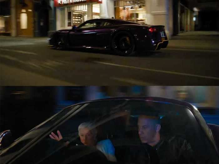 Queenie (Helen Mirren) will race through the streets of London with Dom in a purple Noble M600.