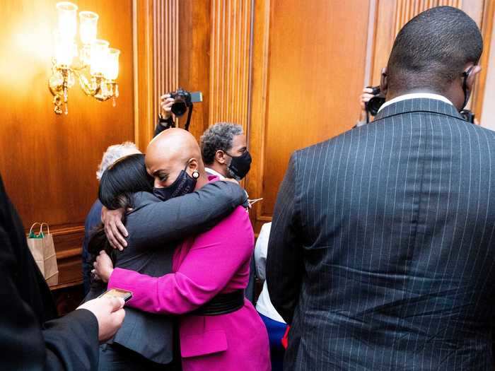 "The moment we heard the verdict, we held each other," Bush wrote on Twitter with a video of her hugging Pressley, who is a member of the Congressional Black Caucus. "This feeling is not easy. But all of us will carry each other through this."