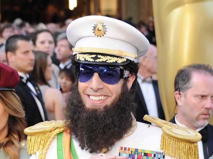 2012: Sacha Baron Cohen rolled up to the red carpet dressed as his character from "The Dictator," complete with the "ashes" of Kim Jong-il.