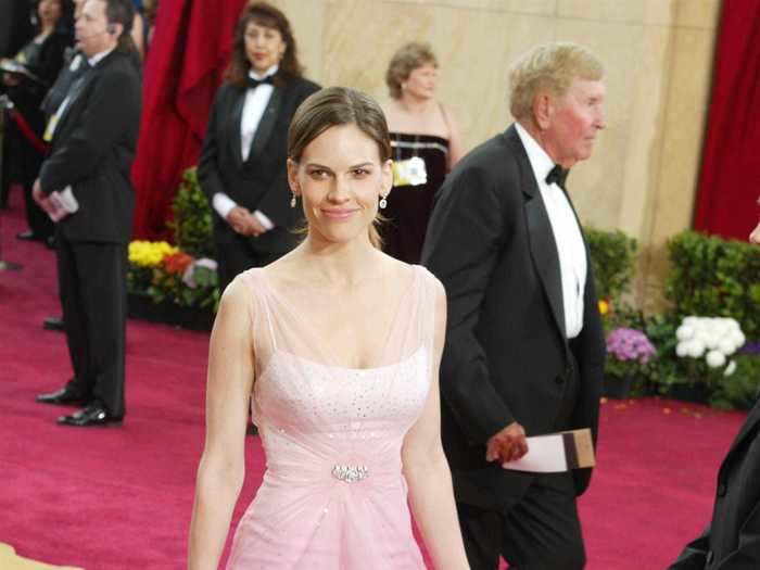 2003: Hilary Swank went with a lopsided, pink ombre gown for this red carpet.