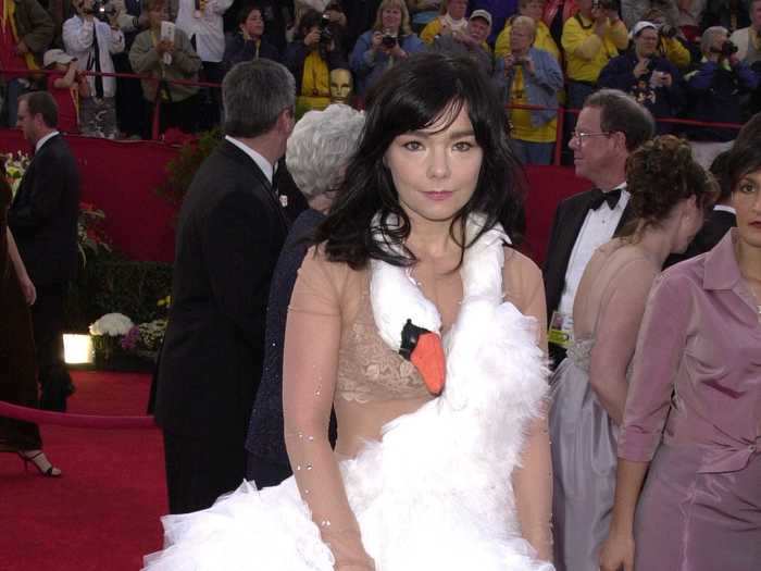 2001: Björk made headlines when she showed up on the red carpet with a swan around her neck.