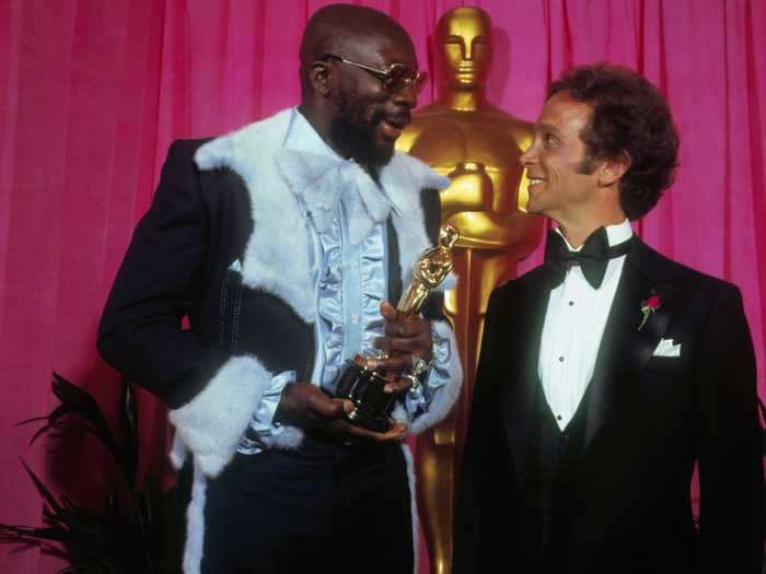 1972: Isaac Hayes accepted an Oscar in this baby blue, fur-lined suit with a matching ruffled shirt.