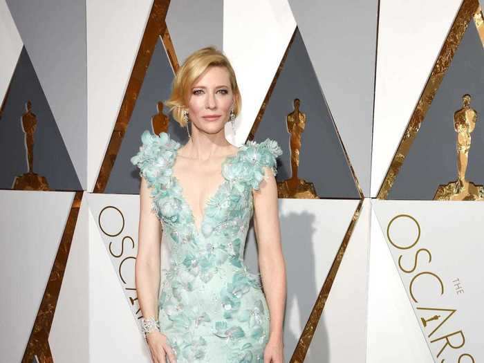 Cate Blanchett wore this lovely sea-foam Armani Prive gown with floral embellishments to the 2016 Oscars.