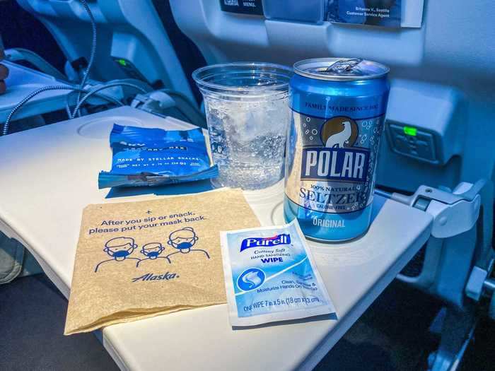 On Alaska, that includes a choice of soft drink and a snack, as well as a sanitary wipe for good measure.