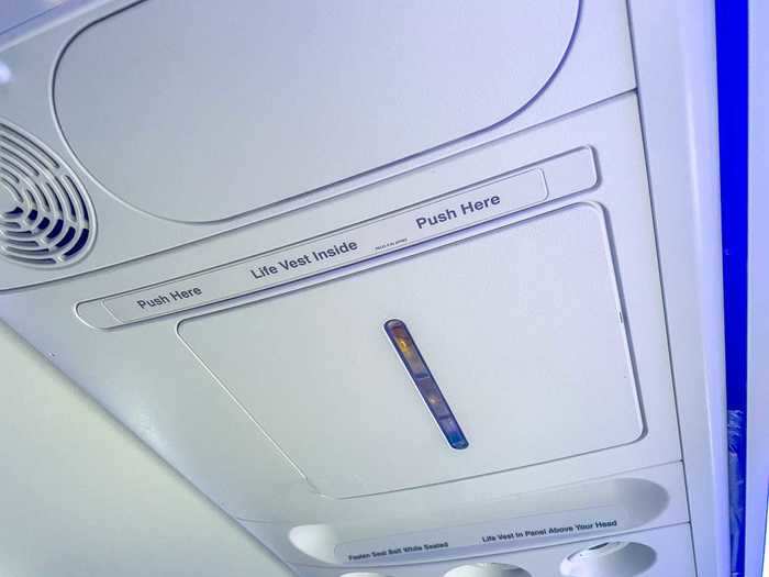 A quirky feature of flying on the Max is that life vests are located above passengers in a compartment above each row. Most aircraft have life vests under the seat.