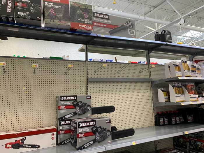 Tools like leaf blowers and saws were in short supply at Walmart.