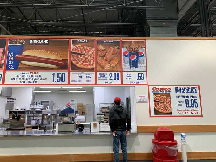 Now, my local Costco location in Rochester, NY is selling hot dogs, pizzas, chicken bakes, and fountain drinks.