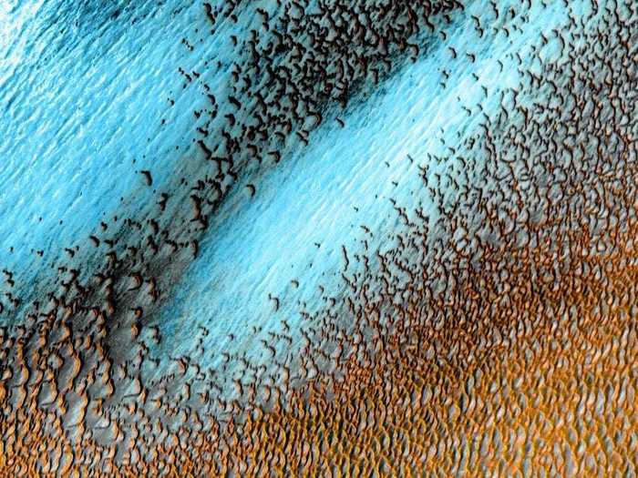 Wind-sculpted dark dunes surrounding Mars