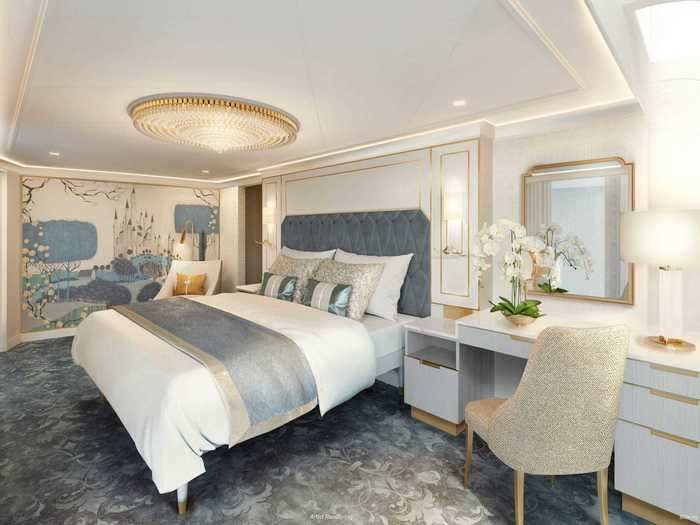 The latter two suites - inspired by "Sleeping Beauty" - can extend up to two stories tall with amenities like two primary bedrooms, a spiral staircase, and a private hot tub.