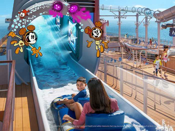 Like any cruise, the Wish will have outdoor family friendly features like the AquaMouse, a 760-foot long water ride filled with animation, special effects, and music.