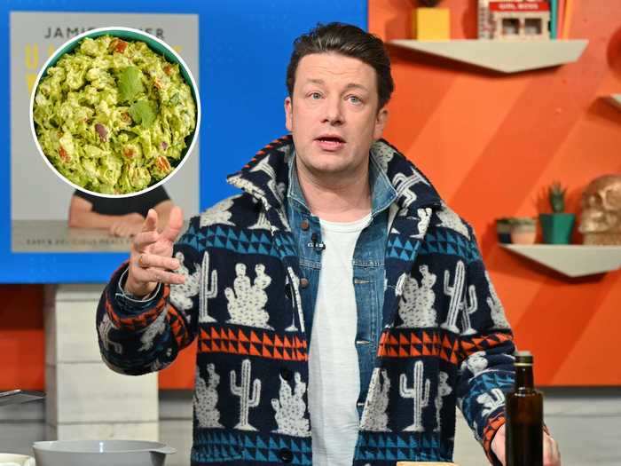 Jamie Oliver uses cherry tomatoes and red chilies to give his guacamole a kick.