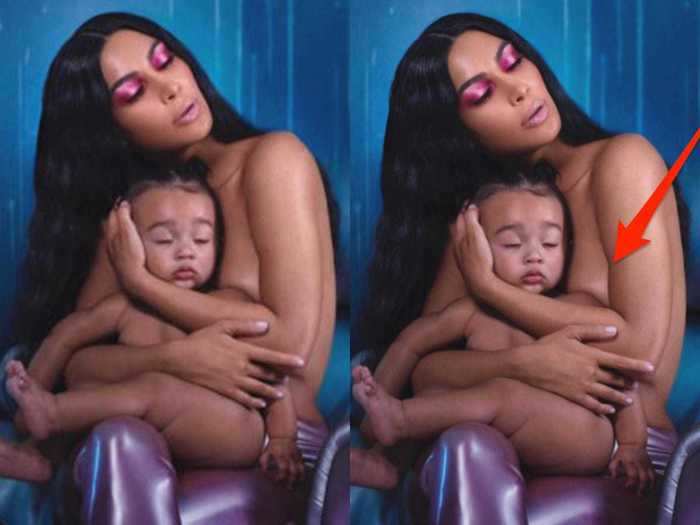 She caused more controversy when she posted this photo for KKW Beauty with baby Chicago, as her arm didn