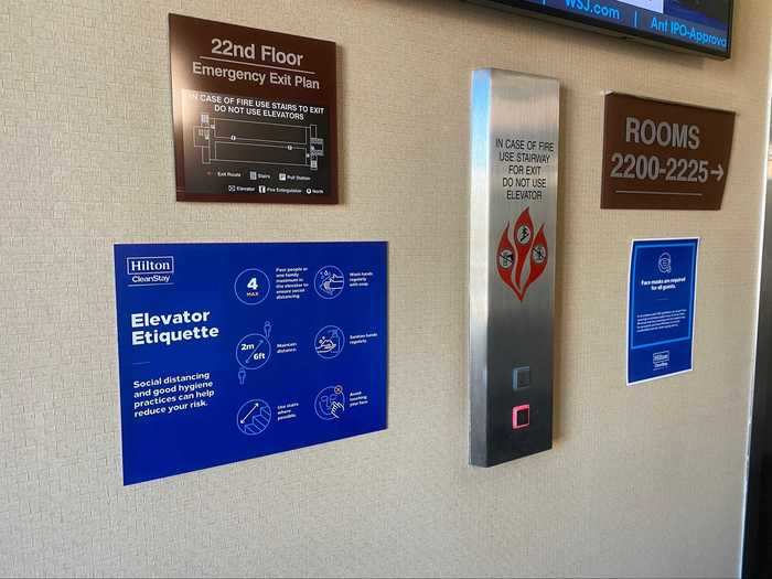 I headed to the elevator and noticed that Hilton had even placed signs with proper elevator etiquette that included only having a maximum of four people at a time, staying six feet apart while in the elevator, and even using the stairs when possible.