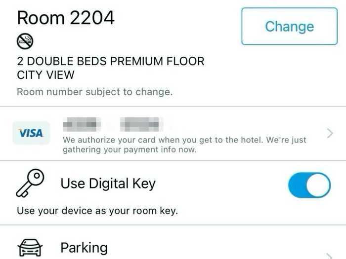 Once the room was selected, I was brought to the final page where I could confirm the room, which credit card I was using for the stay, and select whether I wanted to use my phone as my room key, a first for me.