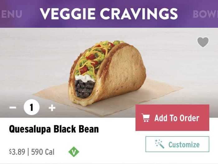 Vegetarians tend to like Taco Bell for the many meatless and vegan options, and the app smartly highlights those items.