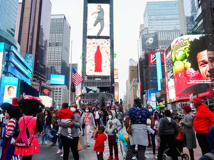 The streets in Times Square were full when Insider visited in April, with characters walking around and people snapping pictures.