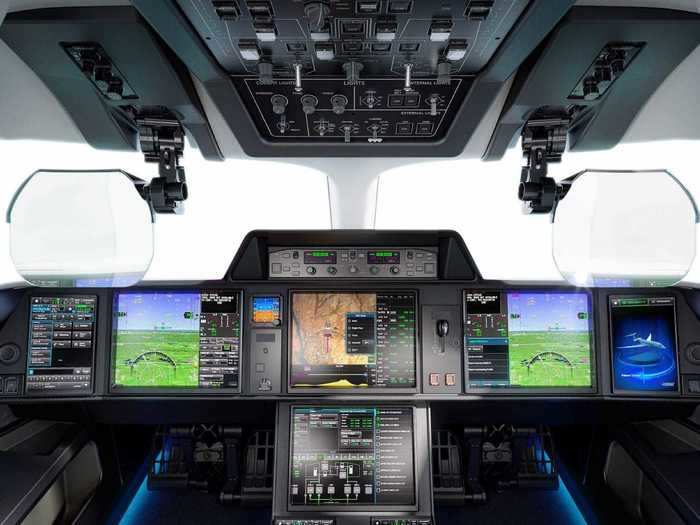 Four high-definition displays give pilots information and are flanked by flight computers. Honeywell Aerospace also provided a lot of safety features including synthetic vision, airport moving maps, and a runway overrun awareness system.