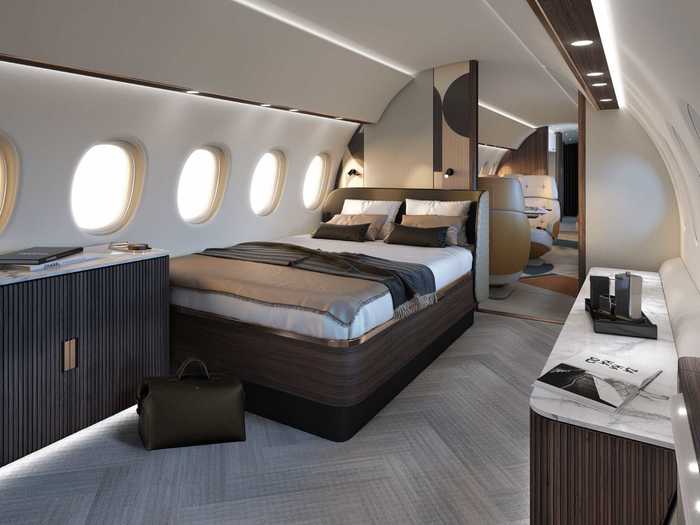 The bedroom is located at the rear of the aircraft as an onboard retreat. The extra width of the cabin allows for a queen-size bed to fit in the room.