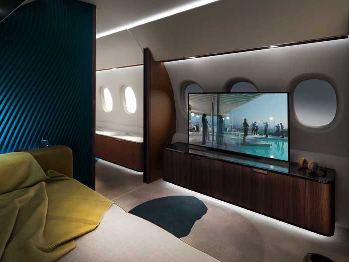 An entertainment suite acts as a retreat to unwind on longer flights, complete with a divan and wide-screen television.