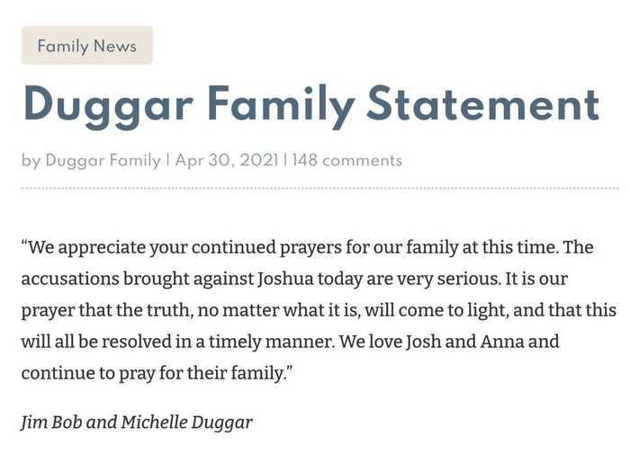 April 30, 2021: Various members of the Duggar family share statements about the new allegations against Josh.