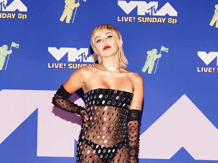 At the 2020 MTV Video Music Awards, Cyrus wore a see-through dress covered in tiny mirrors.