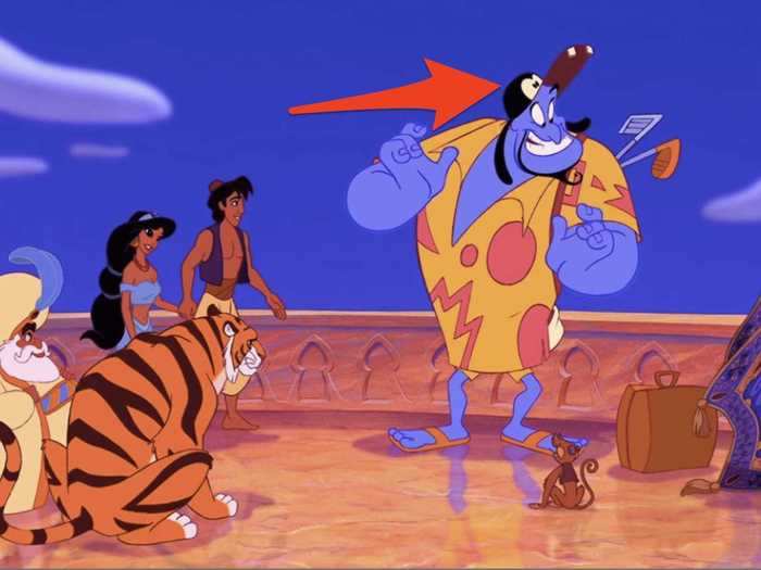 Genie wears a Goofy hat with his vacation outfit.