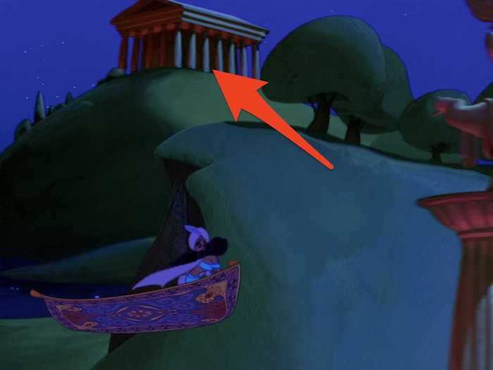 Jasmine and Aladdin fly past a setting from "Hercules."