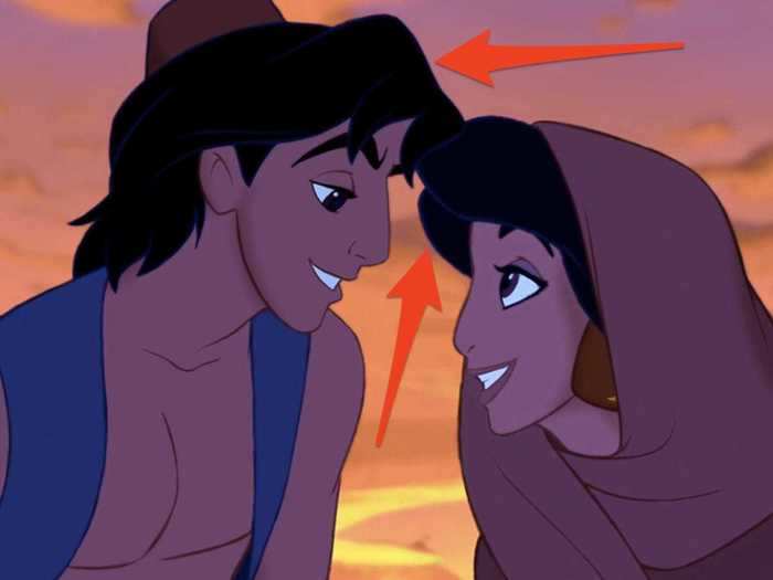 Aladdin and Jasmine both have blue outlines on their black hair.