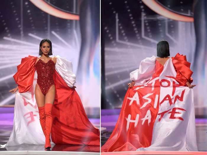 Miss Singapore, Bernadette Belle Ong, told Insider that she wanted to make a statement with her national costume, which featured a cape emblazoned with the words "Stop Asian Hate."