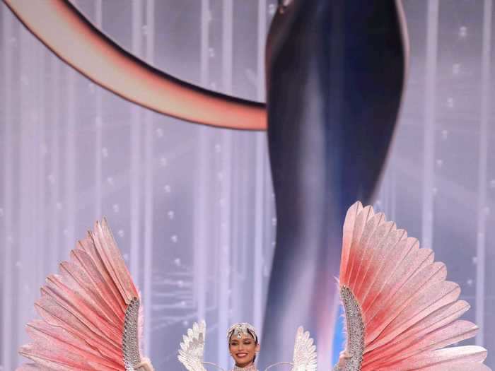 Miss Peru, Janick Maceta Del Castillo, spread her wings on the Miss Universe stage with a stunning silver costume inspired by the parihuana bird, also known as the Andean flamingo.