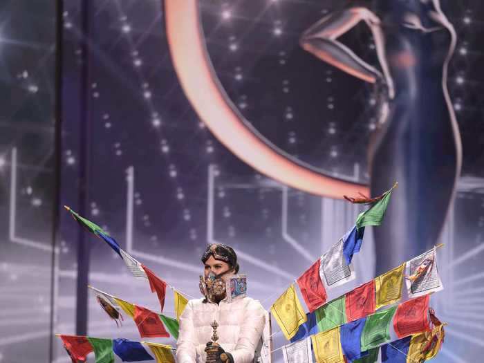 Miss Nepal, Anshika Sharma, sported a white jacket to pay tribute to her country