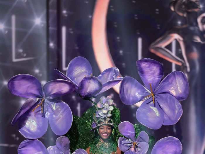 Miss Jamaica, Miqueal-Symone Williams, carried huge lilac blooms that paid tribute to Lignum vitae, her country