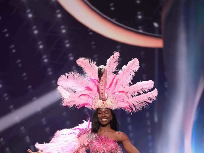 Miss British Virgin Islands, Shabree Frett, dressed as a flamingo, wearing a feathered dress and headpiece, complete with flamingo head on it.