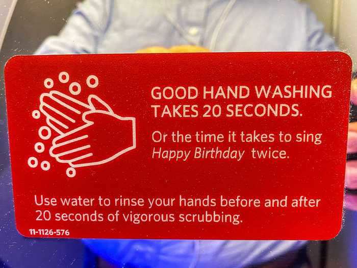 One thing that set Delta apart from the rest, more so than just its seat blocking policies, was that it went above and beyond with its safety features. In the lavatory, for example, a placard reminded passengers to wash their hands for 20 seconds.