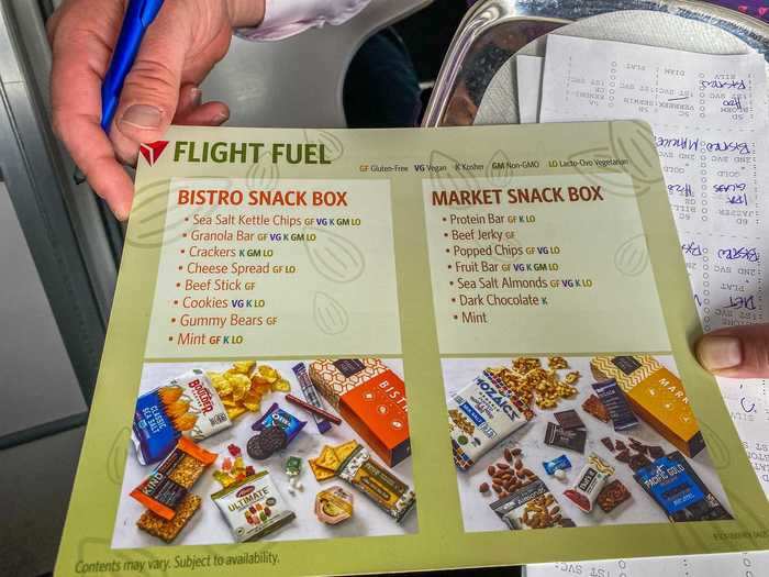 But first-class meals were still relegated to snack boxes, with two available on this flight. Economy class was just given snacks like almonds or Biscoff cookies.