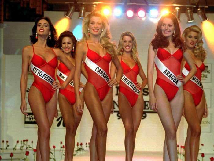 The swimsuit competition has remained a staple in the pageant. Here are the 1996 contestants in a pre-show competition (reminiscent of "Baywatch," perhaps?).