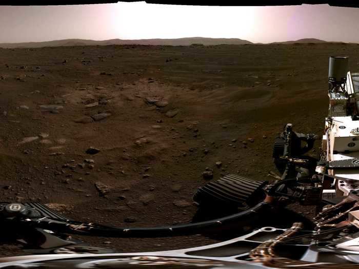 Back on Earth, the Perseverance team stitched together six individual images taken by the rover on Mars to create this 360-degree panorama.