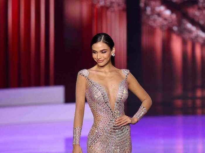 Miss Peru donned one of the most daring looks of the night: a sheer gown with strategically-placed crystals and sheer long sleeves.