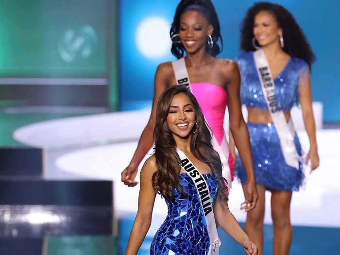 Miss Australia wore a strapless dress covered in tiny blue mirrors.