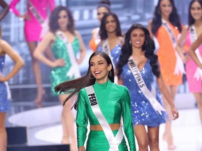 Miss Peru stood out in a green, high-neck crop top and a high-waisted skirt.