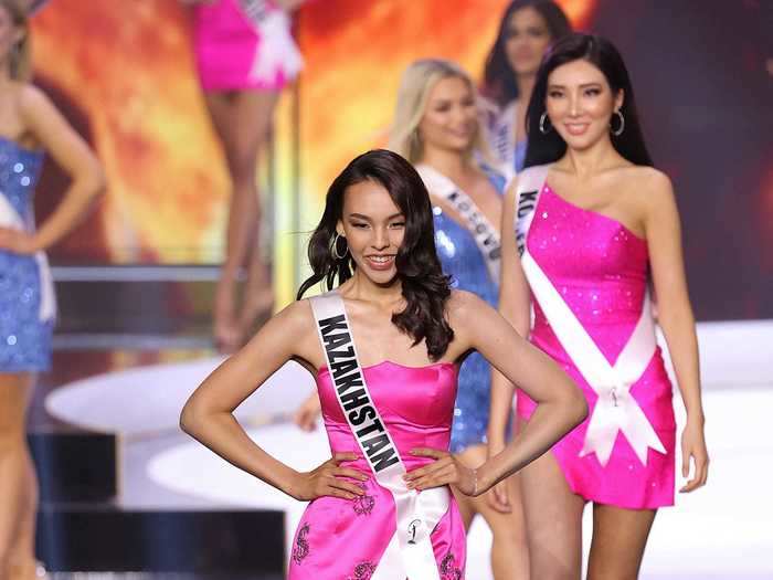 Kamila Serikbai, Miss Kazakhstan, wore a hot-pink dress covered in dollar signs, nodding to the casino setting of the competition.