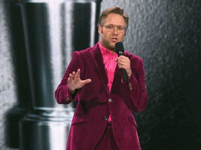 Seth Rogen attended the show in a colorful velvet suit.