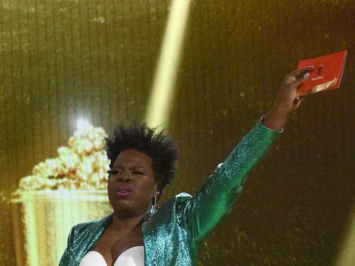 Leslie Jones wore a sparkly suit with a sheer corset to host the MTV Movie & TV Awards.