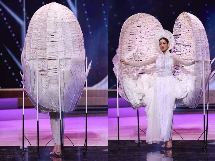 Miss Universe Vietnam Nguyen Tran Khanh Van came out of an egg-like structure.