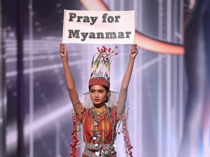 Miss Myanmar won the Miss Universe national costume contest by using it as an opportunity to make a political statement.