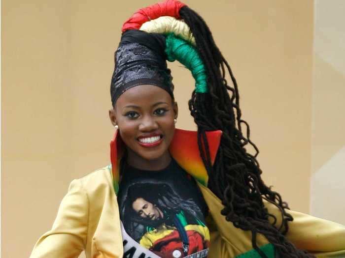 Zahra Redwood, Miss Jamaica Universe 2007, rocked Rasta-colored hair wraps and a Bob Marley shirt.