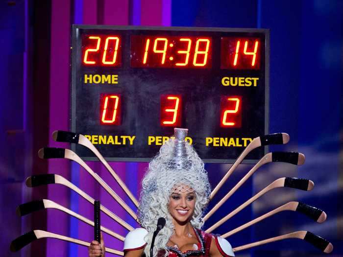 Miss Canada 2014, Chanel Beckenlehner, wore a hockey-inspired ensemble, complete with a scoreboard.